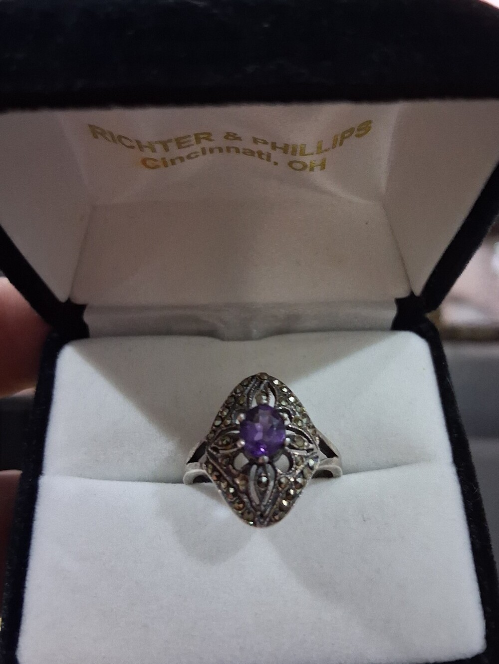 .925 Sterling Silver Marcasite .5 Carat Amythyst Filigree Ring Size 7
